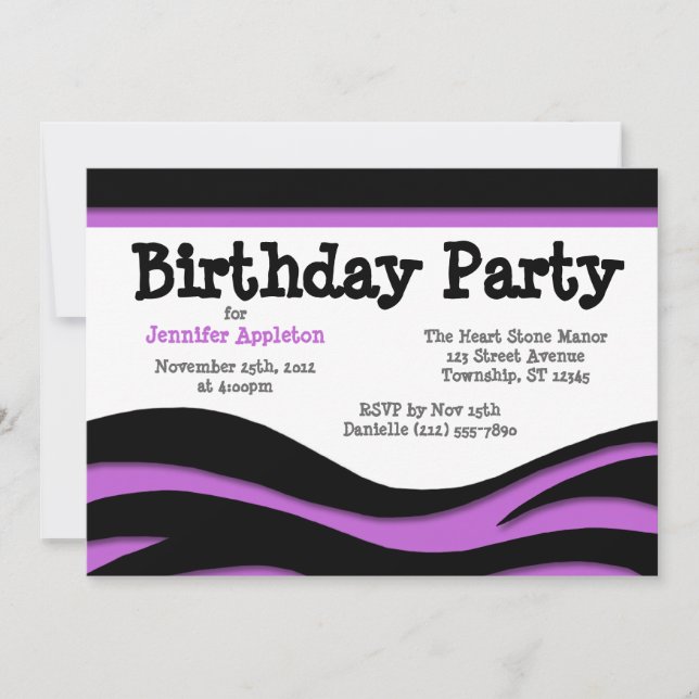 Invitation Purple Zebra Imprimer Vagues Anniversaire Invitati (Devant)