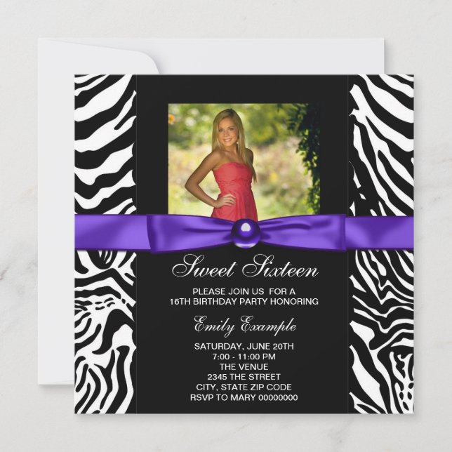 Invitation Purple Zebra Photo Sweet 16 Party (Devant)