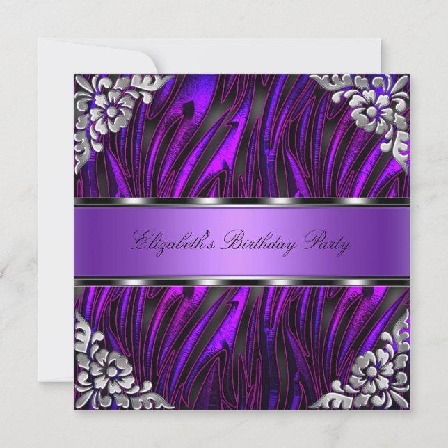 Invitation Purple Zebra Silver Floral fête d'anniversaire (Devant)