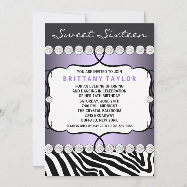 Invitation Purple Zebra Sweet sixteen fête d'anniversaire (Devant)