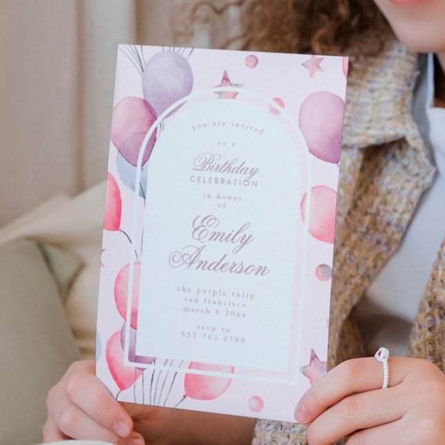 Invitation Purples roses | Balloons Étoiles Fille de fête d'a (Créateur téléchargé)