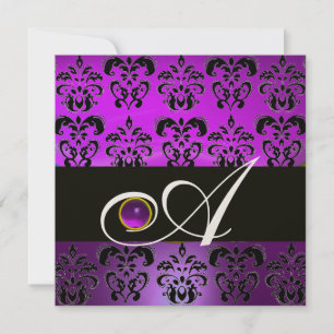 INVITATION PURPRE NOIR DAMAS MONOGRAMME AMÉTHYSTE MÉTAL DORÉ