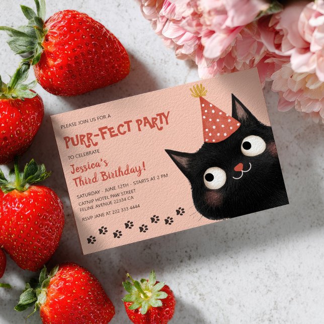 Invitation Purr-fect Chat noir rose pour enfants fête d'anniv (Créateur téléchargé)