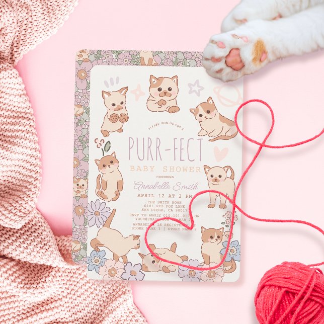 Invitation Purr-fect Cute Cats Floral Girl Baby shower (Purr-fect Kitty Cat Baby Shower Invitation)