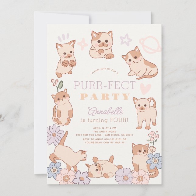 Invitation Purr-fect Party Cute Cats Floral Girl Anniversaire (Devant)