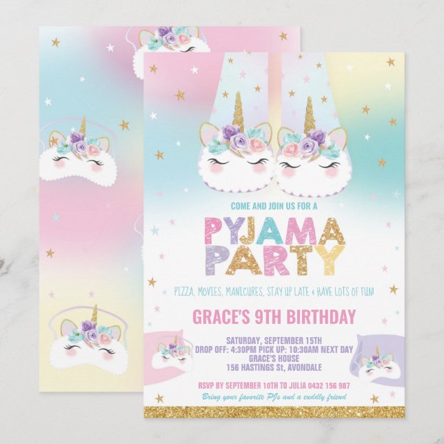 Invitation Pyjama de la Unicorne Arc en ciel (Devant / Derrière)