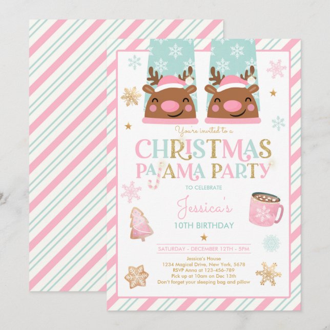 Invitation Pyjama de Noël rose et or fête d'anniversaire (Devant / Derrière)