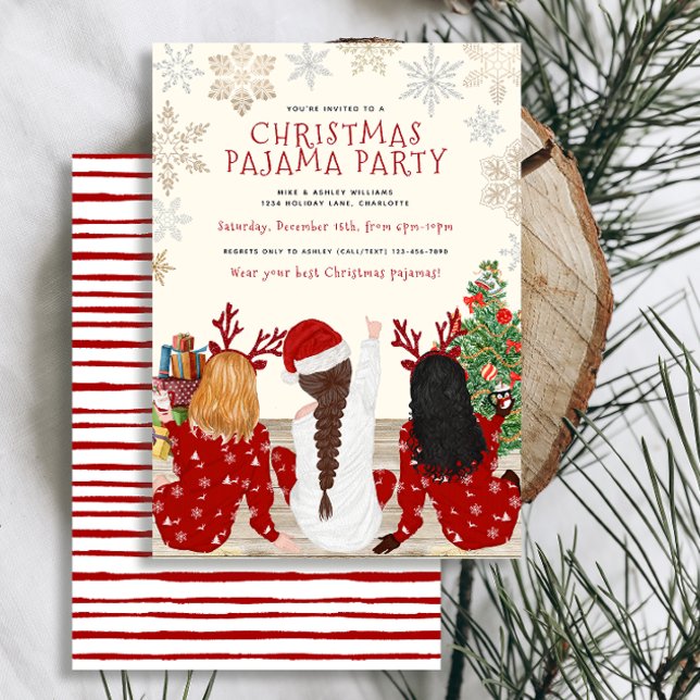 Invitation Pyjama moderne couleur rouge et blanche (Set the tone for a cozy, winter Christmas pajama party with these cute, easy to personalize invites)