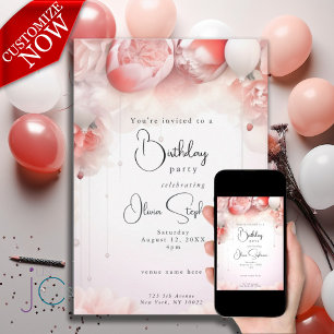Invitation QR Anniversaire Corail Floral Pivoines