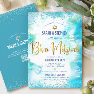 Invitation QR Code B’nai Mitzvah Turquoise Aquarelle Or