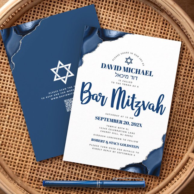 Invitation QR Code Bar Mitzvah Marine Blue Agate Script Moder (Créateur téléchargé)