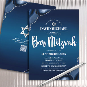 Invitation QR Code Bar Mitzvah Navy Blue Ombre Agate Script