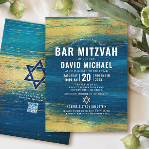 Invitation QR Code Bar Mitzvah Turquoise Gold Foil Moderne