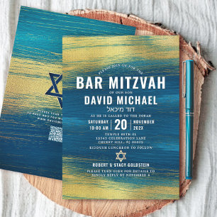 Invitation QR Code Bar Mitzvah Turquoise Gold Foil Type Bold