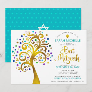 Invitation QR Code Bat mitzvah Turquoise Gold Tree of Life