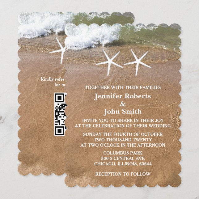 Invitation QR Code Beach Starfish Sandy Ocean Mariage (Devant / Derrière)