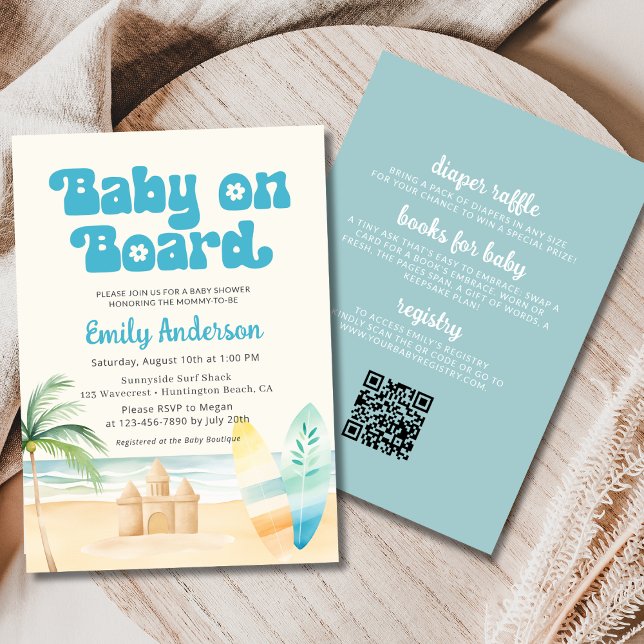 Invitation QR Code bébé à bord Surfboard Beach Shower Boy (Créateur téléchargé)