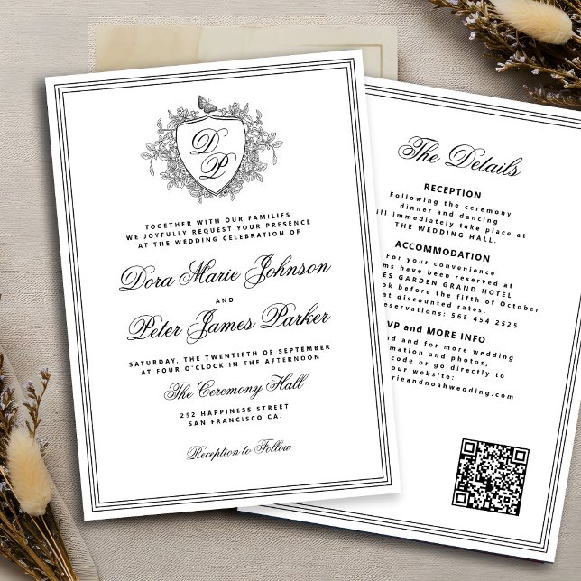 Invitation QR code black and white crest monogram wedding (Créateur téléchargé)