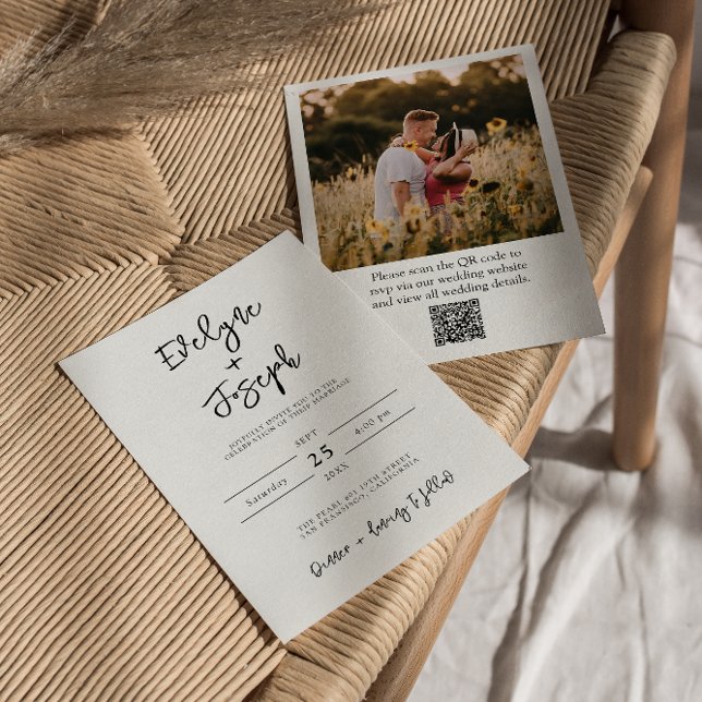 Invitation QR Code Black & White Photo Boho Mariage moderne (Créateur téléchargé)