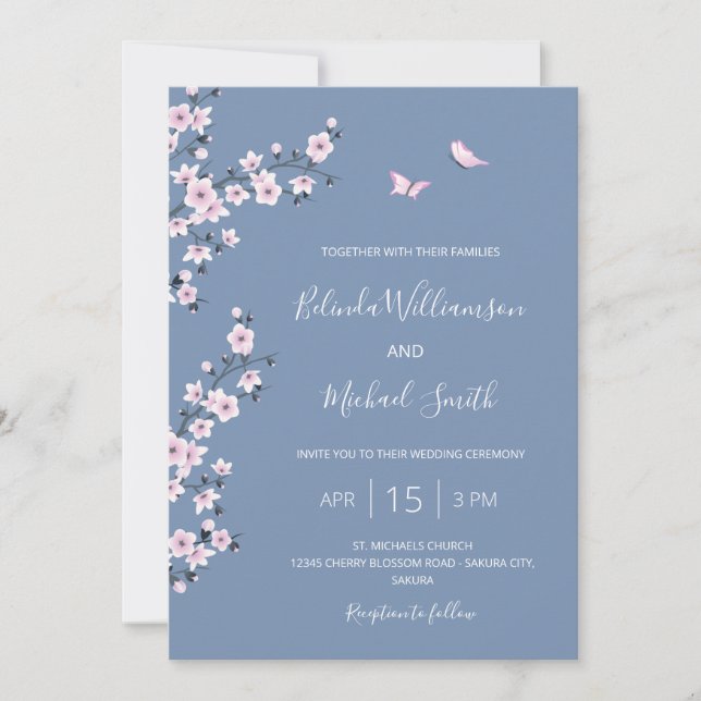 Invitation QR Code Blue Cherry Blossom | Mariage chinois (Devant)