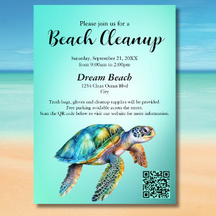 Invitation QR Code Blue Sea Turtle Beach Cleanup Event