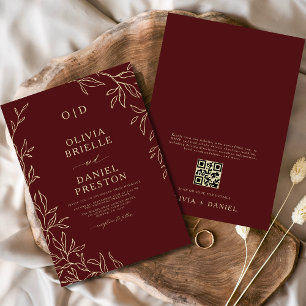 Invitation QR Code Bourgogne et or Mariage feuille de monogra