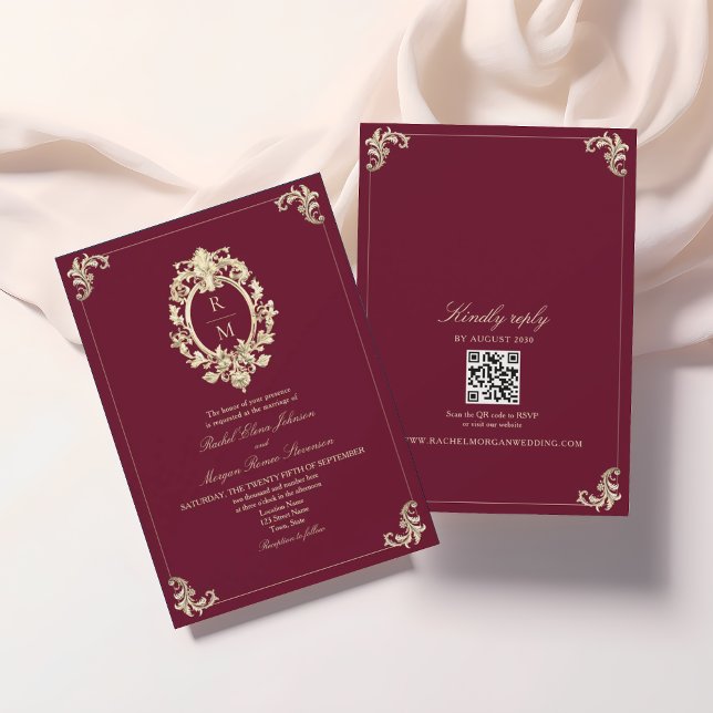 Invitation QR Code Bourgogne Gold Mariage baroque (Créateur téléchargé)