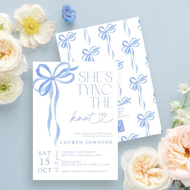 Invitation QR Code Bow She's Tying the Knot Blue Shower (Créateur téléchargé)