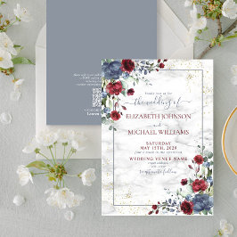 Invitation QR Code clair Dusty bleu Bourgogne or Floral