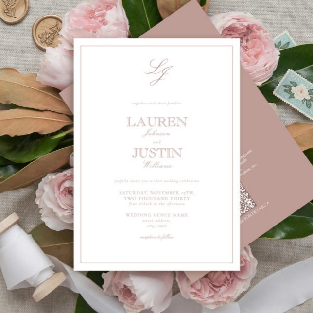 Invitation QR Code Classic Dusty Rose Script Monogram Mariage (Créateur téléchargé)