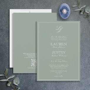 Invitation QR Code Classic Sage Green Script Monogramme Maria