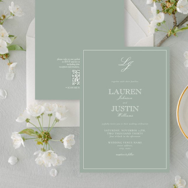Invitation QR Code Classic Sage Vert Monogramme Mariage (Créateur téléchargé)