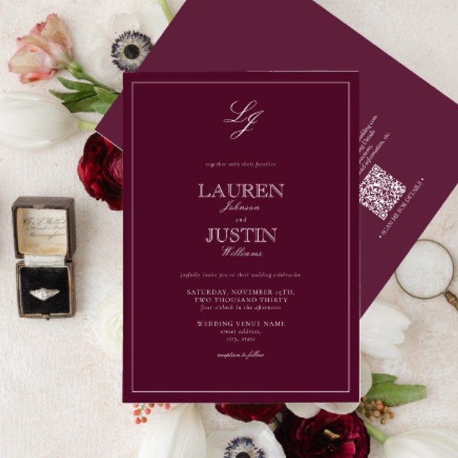 Invitation QR Code Classique Bourgogne Script Monogramme Mari (Créateur téléchargé)