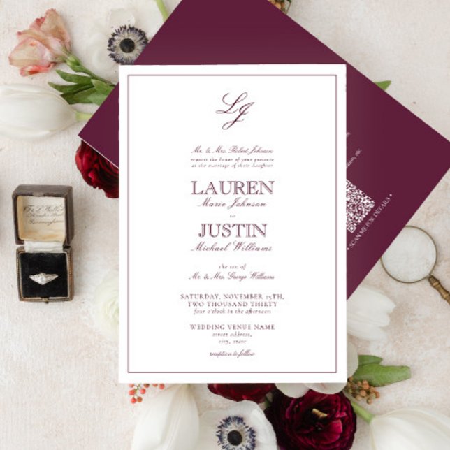 Invitation QR Code Classique Bourgogne Script Monogramme Mari (Créateur téléchargé)