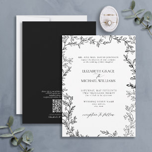 Invitation QR Code classique Formal noir blanc Mariage feuill