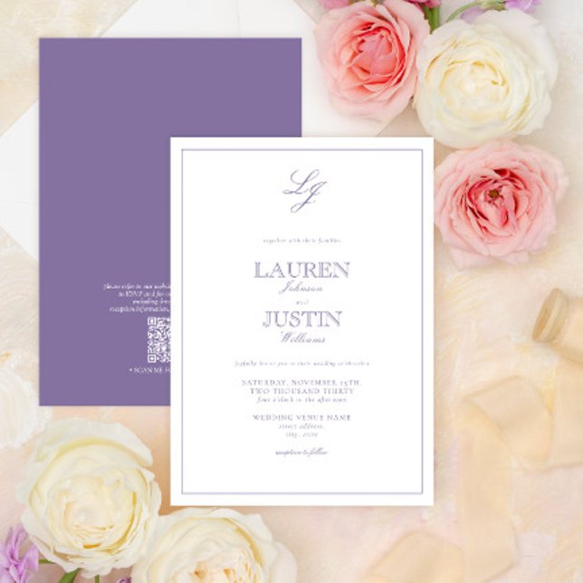 Invitation QR Code classique Lavender Script Monogramme Maria (Créateur téléchargé)