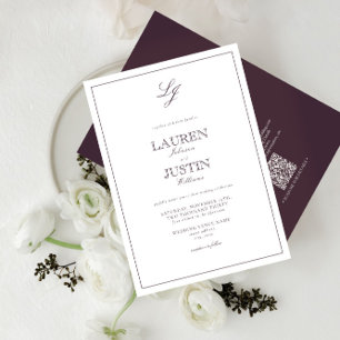 Invitation QR Code classique Plum violet Mariage de monogramm