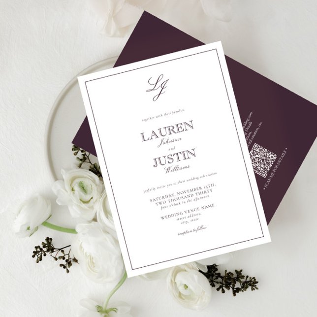 Invitation QR Code classique Plum violet Mariage de monogramm (Créateur téléchargé)