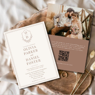 Invitation QR Code Crest Mocha Photo Brown Mariage moderne