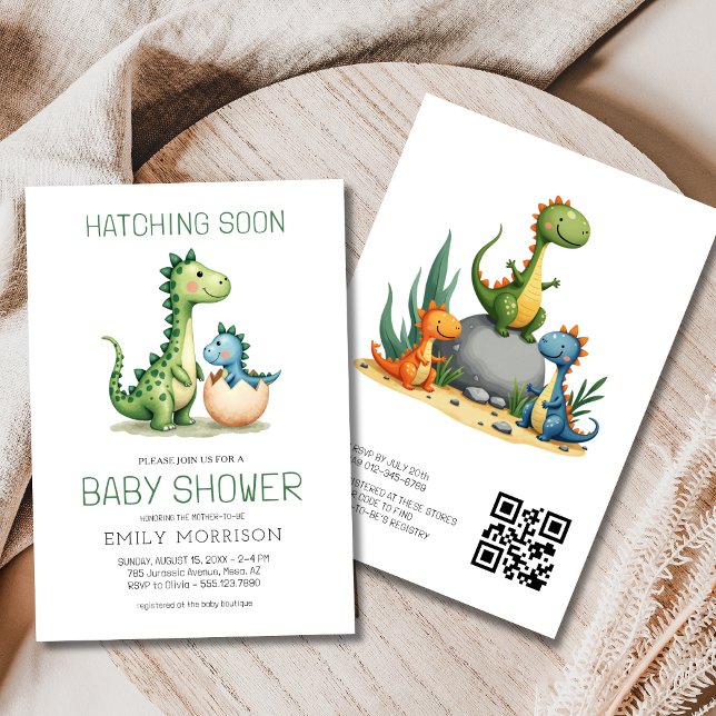 Invitation QR Code Cute Dinosaur Hatching Bientôt Baby shower (Créateur téléchargé)