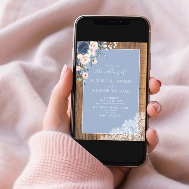 Invitation QR Code Dusty Blue Blush Rustic Wood Lace Mariage (Créateur téléchargé)