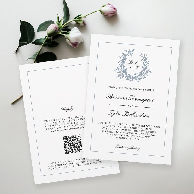 Invitation QR Code Dusty Blue Crest Monogram Mariage (Available in both printed and paperless digital download format!)