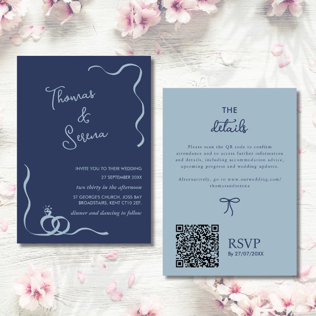 Invitation QR Code Dusty Marine Bleu Wavy Cercles à main tiré (Créateur téléchargé)