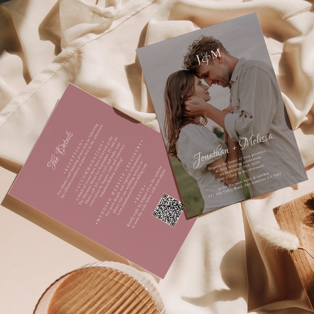 Invitation QR Code Dusty Rose Budget Monogramme Mariage super (Créateur téléchargé)
