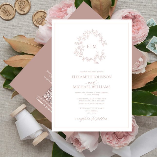 Invitation QR Code Dusty Rose Leafy Crest Monogram Mariage (Créateur téléchargé)