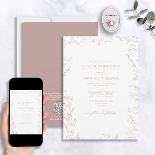 Invitation QR Code Elegant Minimum Leaf Dusty Mariage Rose