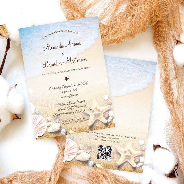 Invitation QR Code Elegant Modern Starfish Beach Wedding (Créateur téléchargé)