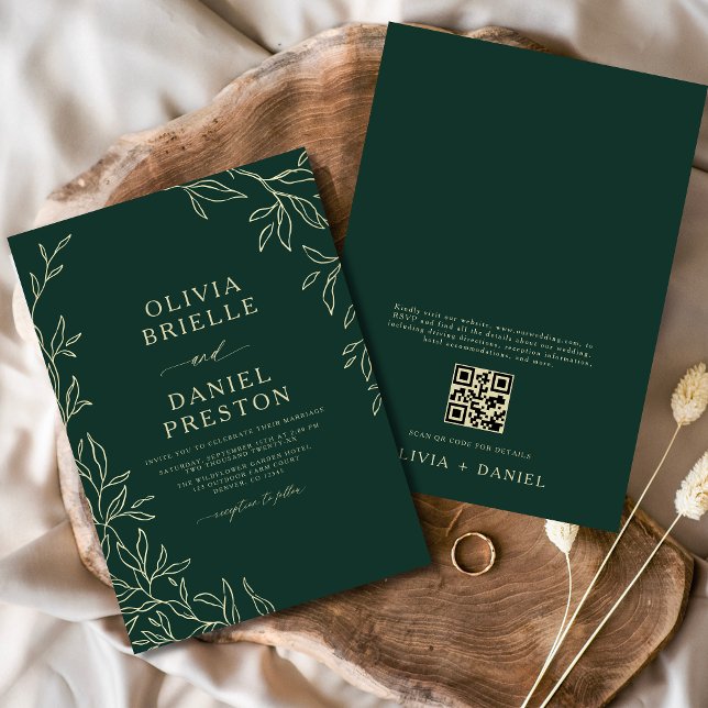 Invitation QR Code Emerald Green & Gold Minimal Mariage feuil (Créateur téléchargé)