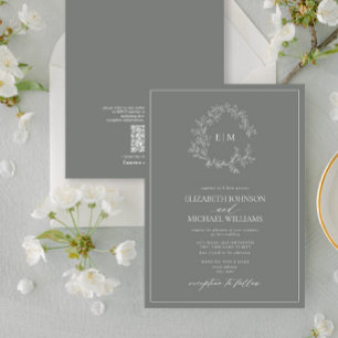 Invitation QR Code Eucalyptus Mariage de monogramme de crête 
