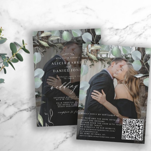 Invitation QR CODE eucalyptus photo overlay mariage noir (Créateur téléchargé)